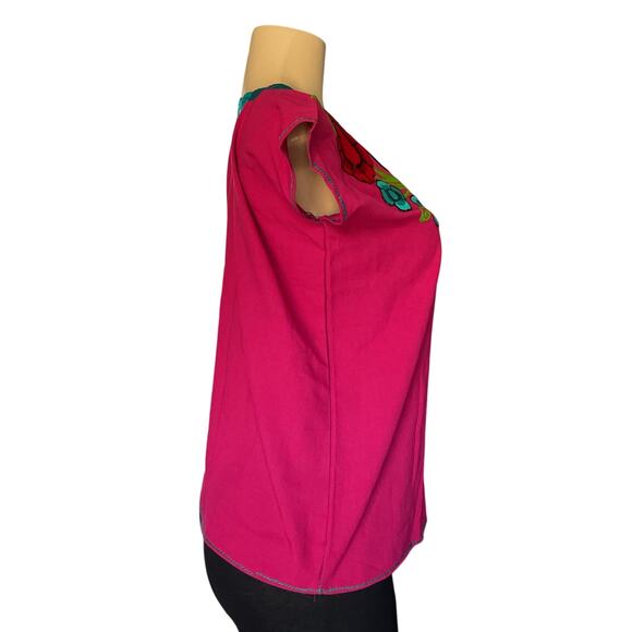 Blouse Pink Artisanal Floral Top Embroidered Mexican from Chiapas Folk Art - Picture 3 of 7